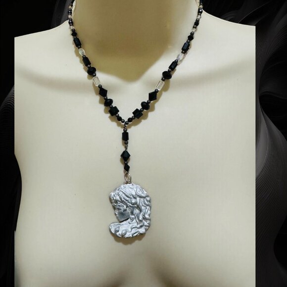 Art Nuveau Clay Lady Pendant with Artisan Crafted with Crystal Beaded Necklace - Picture 6 of 9